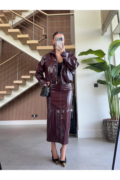 My Blog Burgundy Shiny Leather Jacket Maxi Skirt Set - 1151