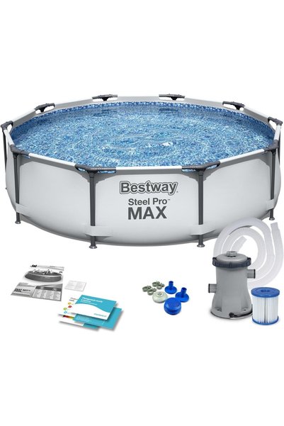 BESTWAY مجموعة حمام سباحة دائري مسبق الصنع فوق الأرض من ستيل برو ماكس 3.05 مت...