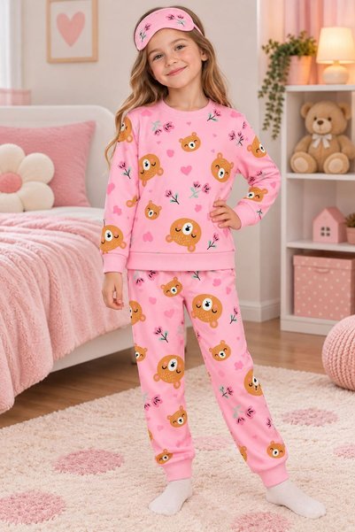 ALİŞ KİDS Girl's Cotton Cotton-Padded Pink Teddy Bear Patterned Eye Patched L...