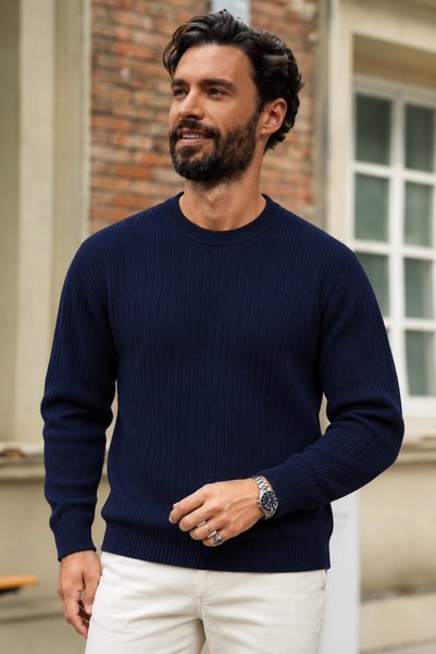 DAMGA JEANS Men's Premium Navy Blue Sweater with Stripe Detail