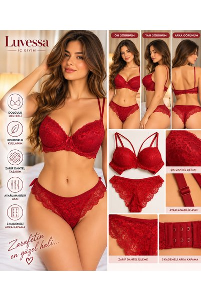 Luvessa Kadın Bordo Dantelli Dolgulu Destekli Sütyen ve Külot Takımı