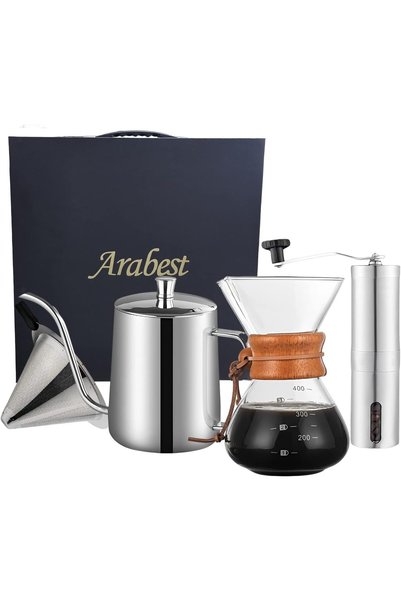 Arabest طقم تحضير القهوة، مجموعة من 4 قطع مع مطحنة يدوية، وأدوات تقطير، وأدوا...