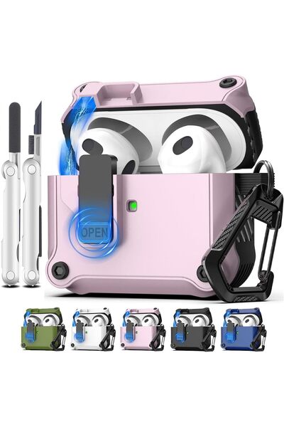 Generic غطاء متوافق مع AirPods 5 و4 مع قفل أمان تلقائي، باللون الأرجواني