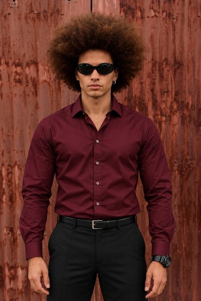 DAMGA JEANS Men's Classic Stylish Long Classic Buttoned Claret Red Shirt
