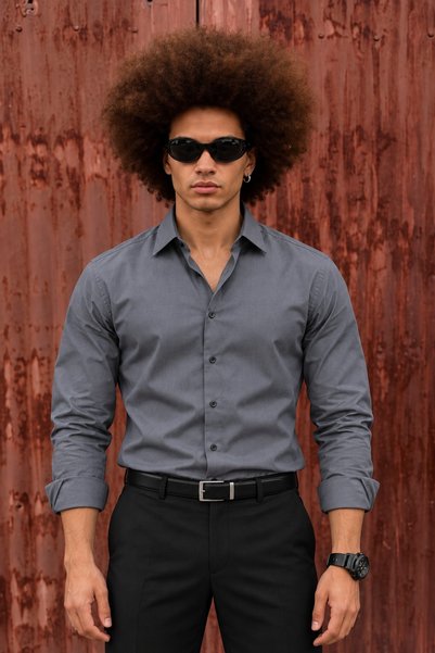 DAMGA JEANS Men's Classic Stylish Long Classic Buttoned Anthracite Shirt