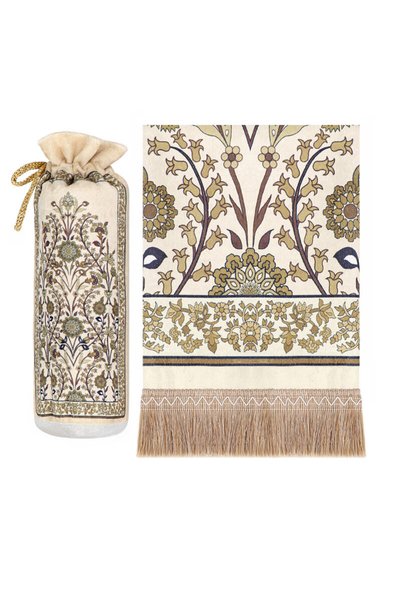 Bursa İpek Mustard Ivy Pattern Velvet Prayer Rug with Pouch
