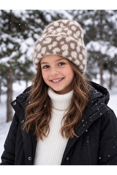synshop Teen Girls Kids Leopard Pattern Angora Beanie Soft Stretchy Fold Wint...