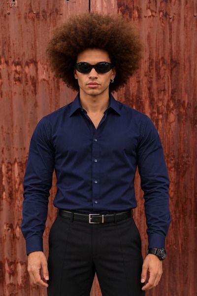 DAMGA JEANS قميص رجالي كلاسيكي أنيق طويل الأكمام بأزرار باللون الأزرق الداكن