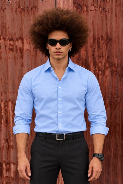 DAMGA JEANS Men's Classic Stylish Long Classic Button-Down Blue Shirt