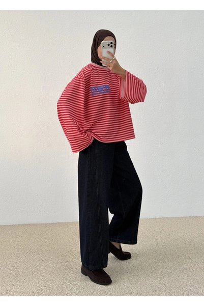 MODA AKSA 3073 PARİS CİZGİLİ BASİC SWEAT KIRMIZI