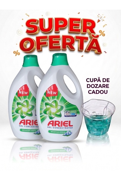 Ariel Pachet 2x Detergent lichid Mountain Spring 5.7 L + Cupa Dozaj CADOU