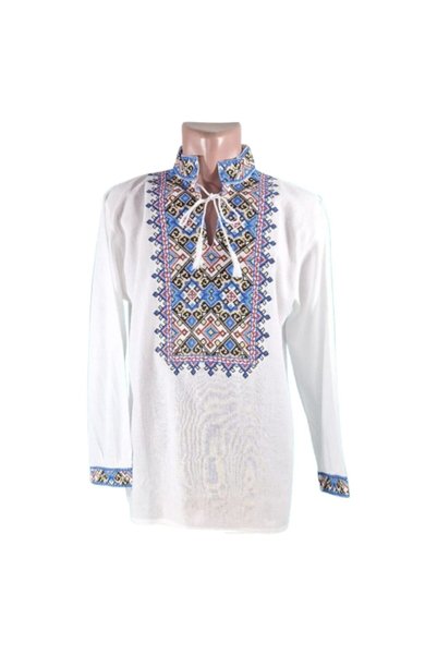 OEM Traditional blouse for men, White, with special, multicolored pattern. XXL