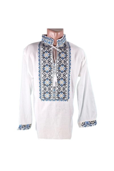 OEM Traditional Romanian Blouse for Men, White, with Geometric Motifs, L