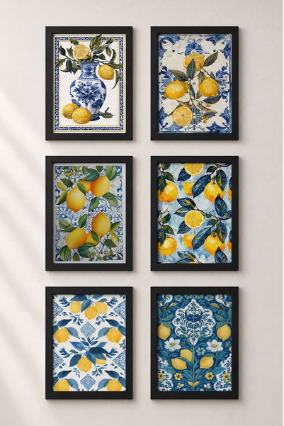 HOMEPACK 6 Piece Lemon Tile Patterns Framed Painting Set Italy Posters Wall D...