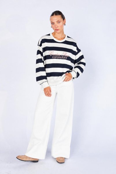 TENA Women's Navy Blue Crew Neck Three Thread Striped Lettered Sweatshirt