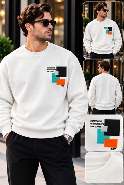 Erkek Oversize Sweatshirt Bisiklet Yaka Baskılı