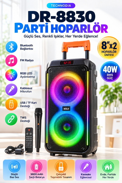 Technodia 8830 Çift 8 İnç 40W RGB LED Kablosuz Mikrofonlu Tekerlekli Bluetooth Karaoke Hoparlör - Siyah