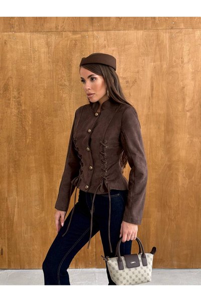 MADAME MELEK Women's Scuba Suede Jacket with Stand Collar, Buttons, Eyelet La...