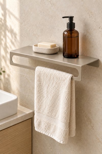 Çelik Havluluk ve Raf İkisi Bir Arada - Duvar Tipi Banyo ve Mutfak Havlu Askısı ve Organizer