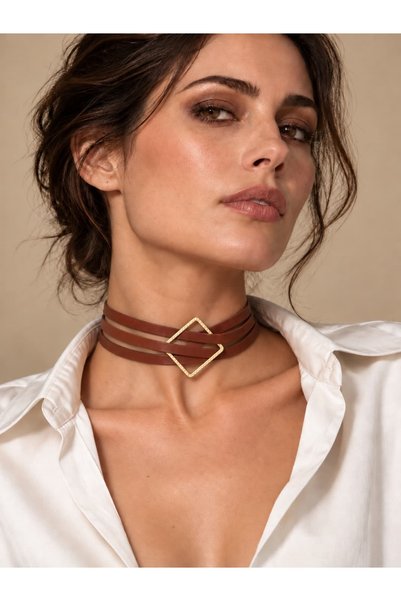Kutcha Accessories Sienna Geometric Detailed Three-Stripe Leather Choker Neck...