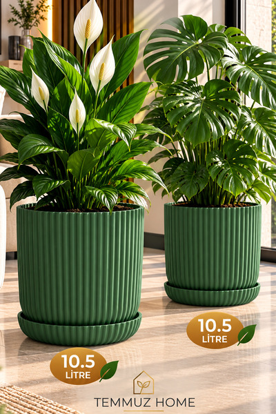 TEMMUZ HOME 2 Adet 10,5 Litre Tabaklı Lotus Dekoratif Çizgili Saksı – Modern Tasarım İç ve Dış Mekân Çiçek ve Bitki Saksısı