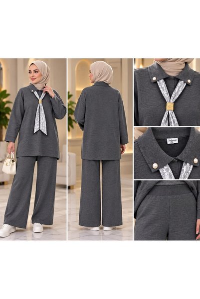 modasindoma Kadın Tesettür Fular Detaylı Triko Pantolonlu Takım Gri