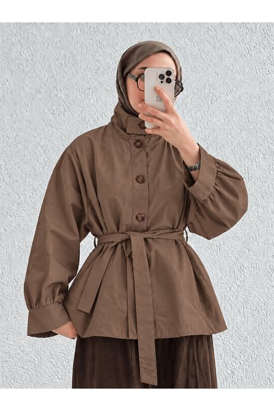 Hepsi Moda جاكيت بياقة عالية وتفاصيل كشكشة - 110 - 50004 - أخضر زيتوني