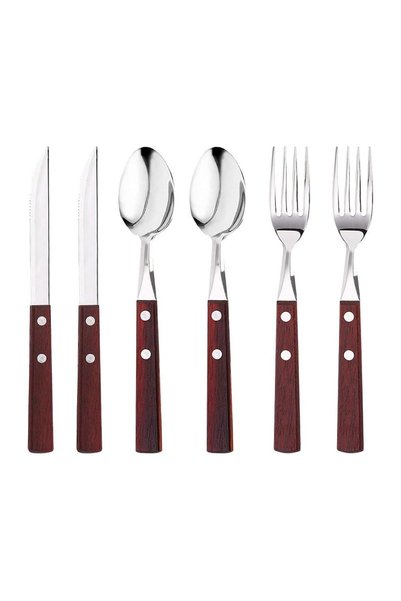 Noonedibs Set de tacâmuri din oțel inoxidabil cu mâner din lemn, pachet de 6,...