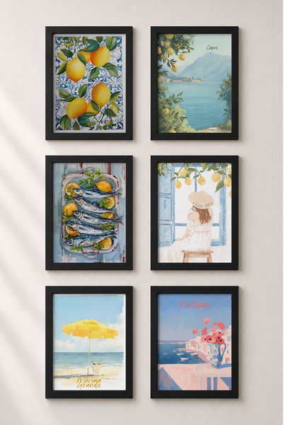 HOMEPACK 6 Piece Lemon Branches and Capri Framed Painting Set Italy Posters W...