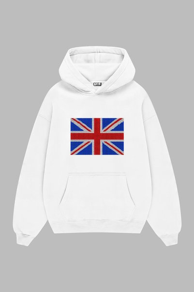 Sekizbiraltı Union Jack Stone Printed Oversize Unisex White Hoodie