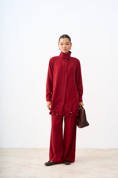 LOCCO Women's Shirt Collar Buttoned Denim Suit Red