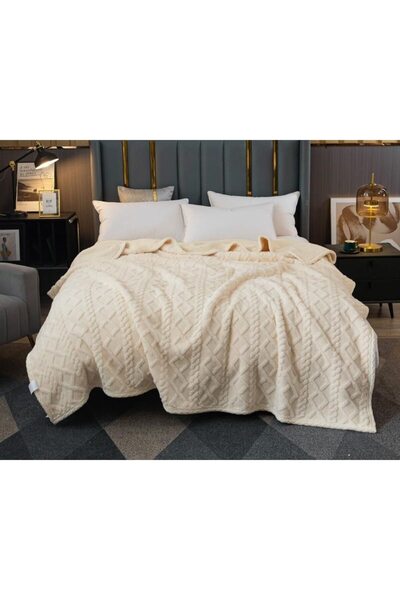 OEM Furry blanket for double bed, Knit type model, Plain, 230x250cm, Off-White