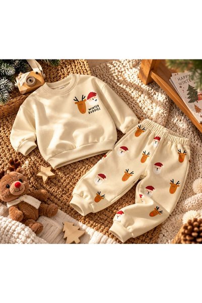 Lolliboomkids بدلة رياضية من Winter Buddies مطبوع باللون الكريمي - سويت شيرت