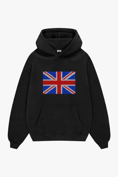 Sekizbiraltı Union Jack Stone Printed Oversize Unisex Black Hoodie