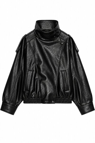 Laluvia Black Textured Stand Collar Leather Jacket - 1097