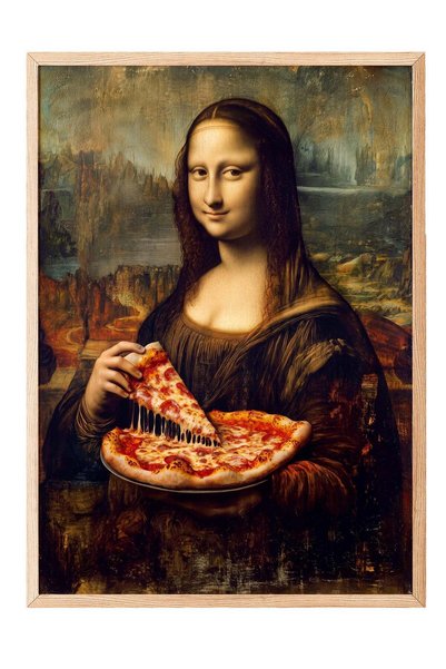 Postifull Poster cu Mona Lisa și pizza – Tablou în ramă de lemn nr. 160553