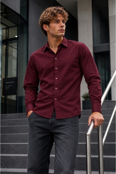 DAMGA JEANS Men's Classic Collar Burgundy Premium Shirt