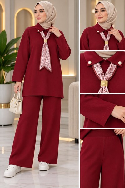 modasindoma Kadın Tesettür Fular Detaylı Triko Pantolonlu Takım Bordo