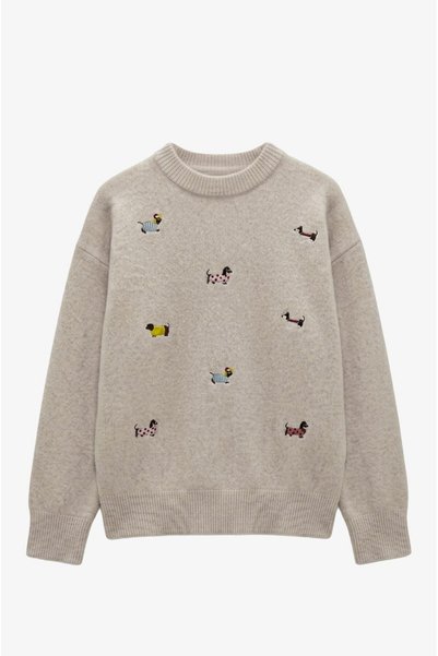 Havoş Beige Mini Dog Embroidered Soft Sweater