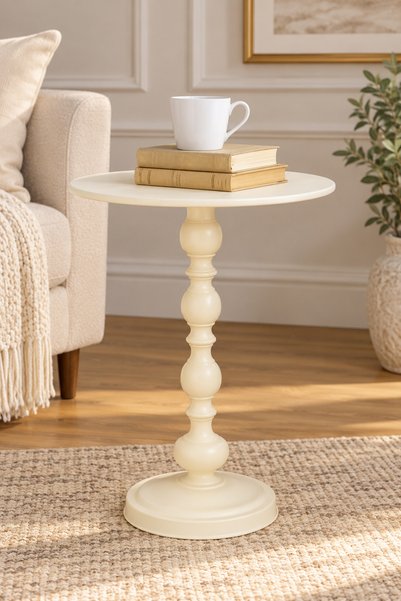 Aromaesc Classic Round Pedestal Side Table – Elegant Cream White Accent Table...