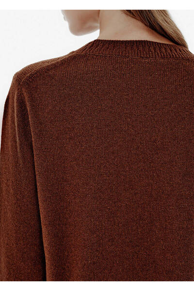 Knitss Rib Detay Yuvarlak Yaka Kahverengi Kaşmir Triko