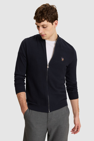 U.S. Polo Assn. Men's Navy Blue Stand Collar Zippered Slim Fit 100% Cotton Ba...