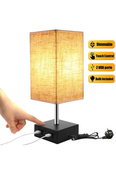 Noonedibs Lampă de noptieră tactilă reglabilă cu 2 USB cu bec E27, abajur bej...