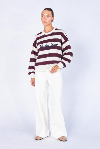 TENA Women's Burgundy Crew Neck Three Thread Striped Lettered Sweatshirt