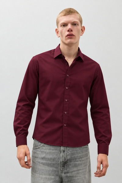 DAMGA JEANS Men's Classic Collar Casual Burgundy Shirt