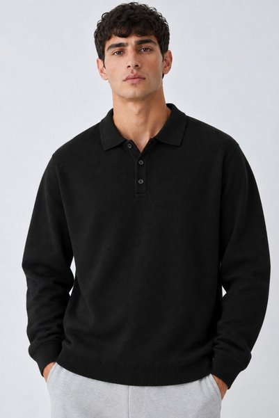 DAMGA JEANS Men's Polo Collar Buttoned Knitwear Navy Blue Sweater