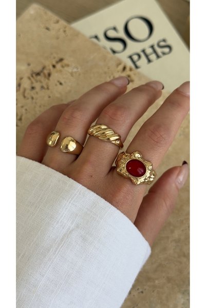İREM YILDIZ Kadın Gold Vintage Model Çelik Çoklu Yüzük Seti - Karışık Model K...