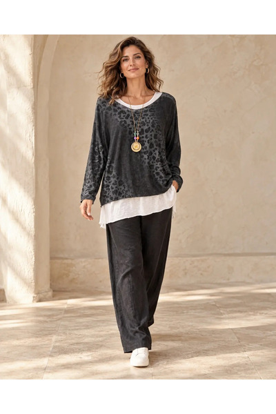 Punta Otantik LSD10348-B Antrasit İtalyan Leopar Desenli Atletli Bluz
