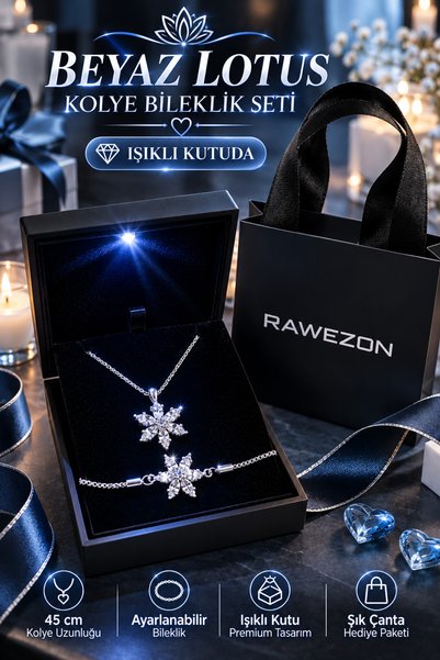 RAWEZON Beyaz Lotus Kolye Bileklik Seti Çelik Kadın Takı Seti Işıklı Kutulu Ç...