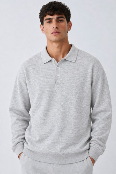 DAMGA JEANS Men's Polo Collar Buttoned Knitwear A.Gray Sweater